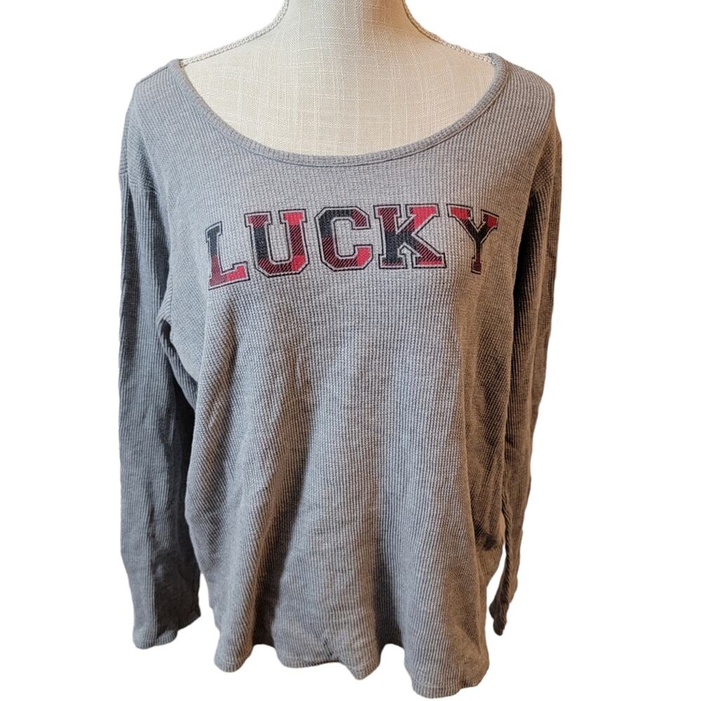 Lucky Brand Grey Plaid Logo Thermal Long Sleeve Top Size XL
